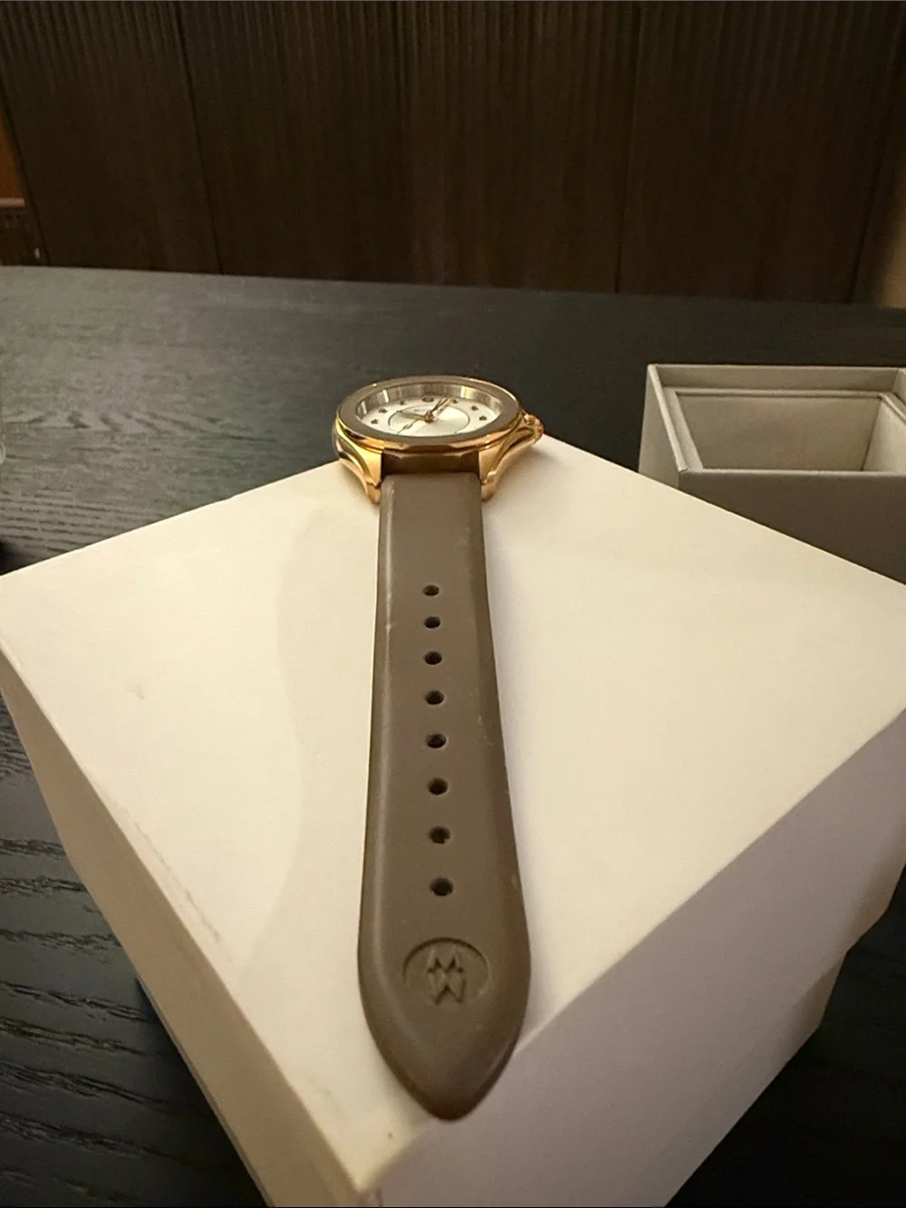 Michele Gold-Tone Watch with Taupe Bezel and Brown Leather Strap
